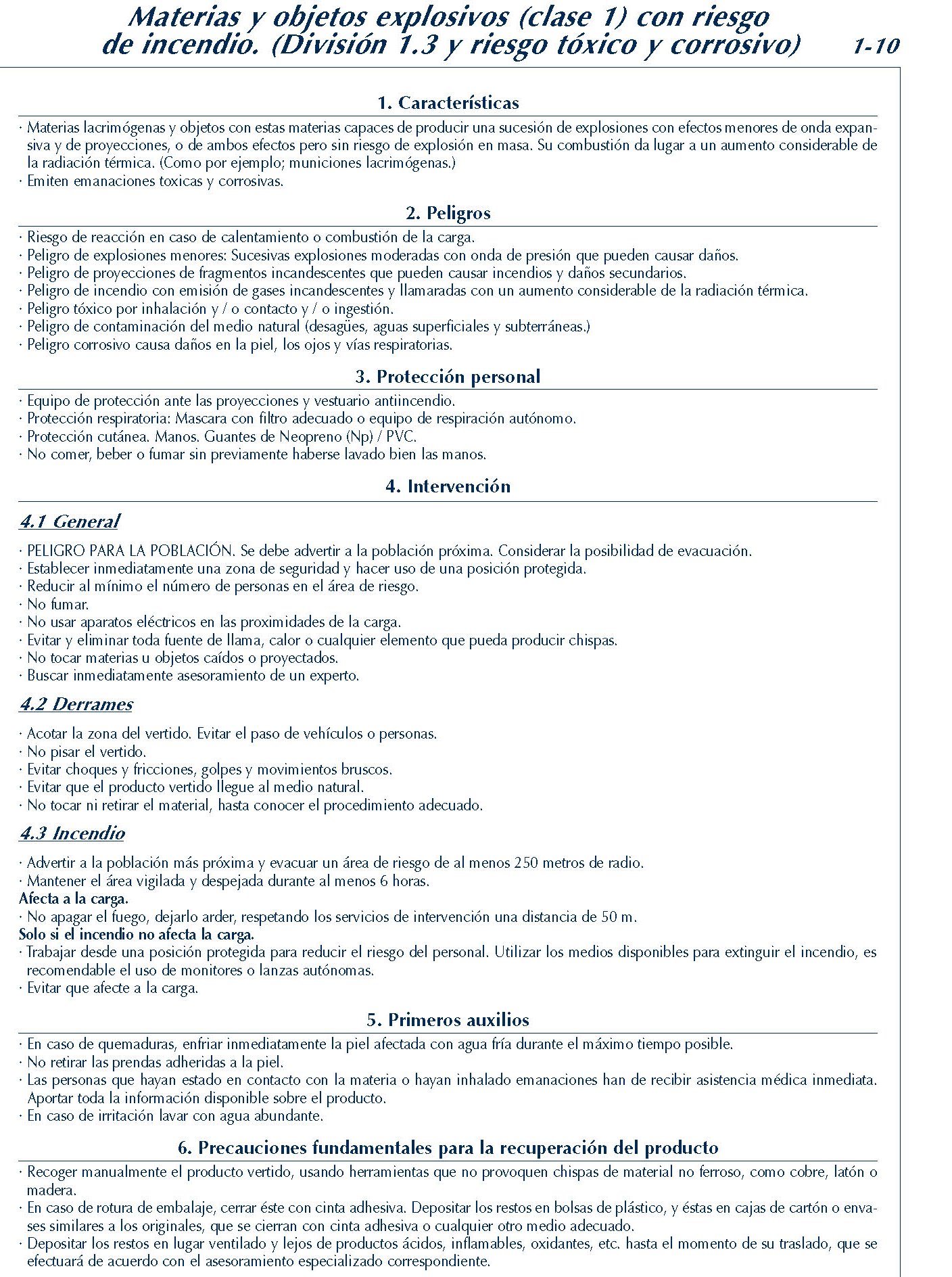 098 FICHA 1-10 CLASE 1 DIVISION 1.3 TOXICO Y CORROSIVO FICHAS EMERGENCIA